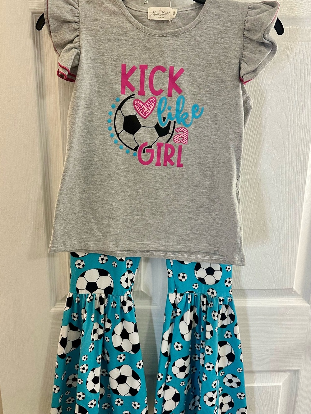 Soccer Girl Bellbottom Set - Gray & Turquoise